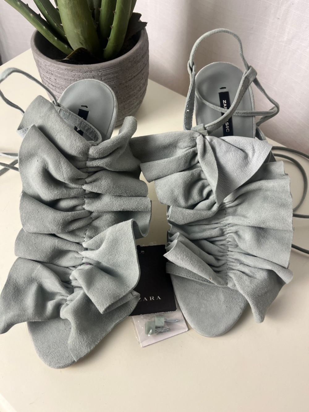 NWT Zara Sage Ruffle Lace-Up Sandals